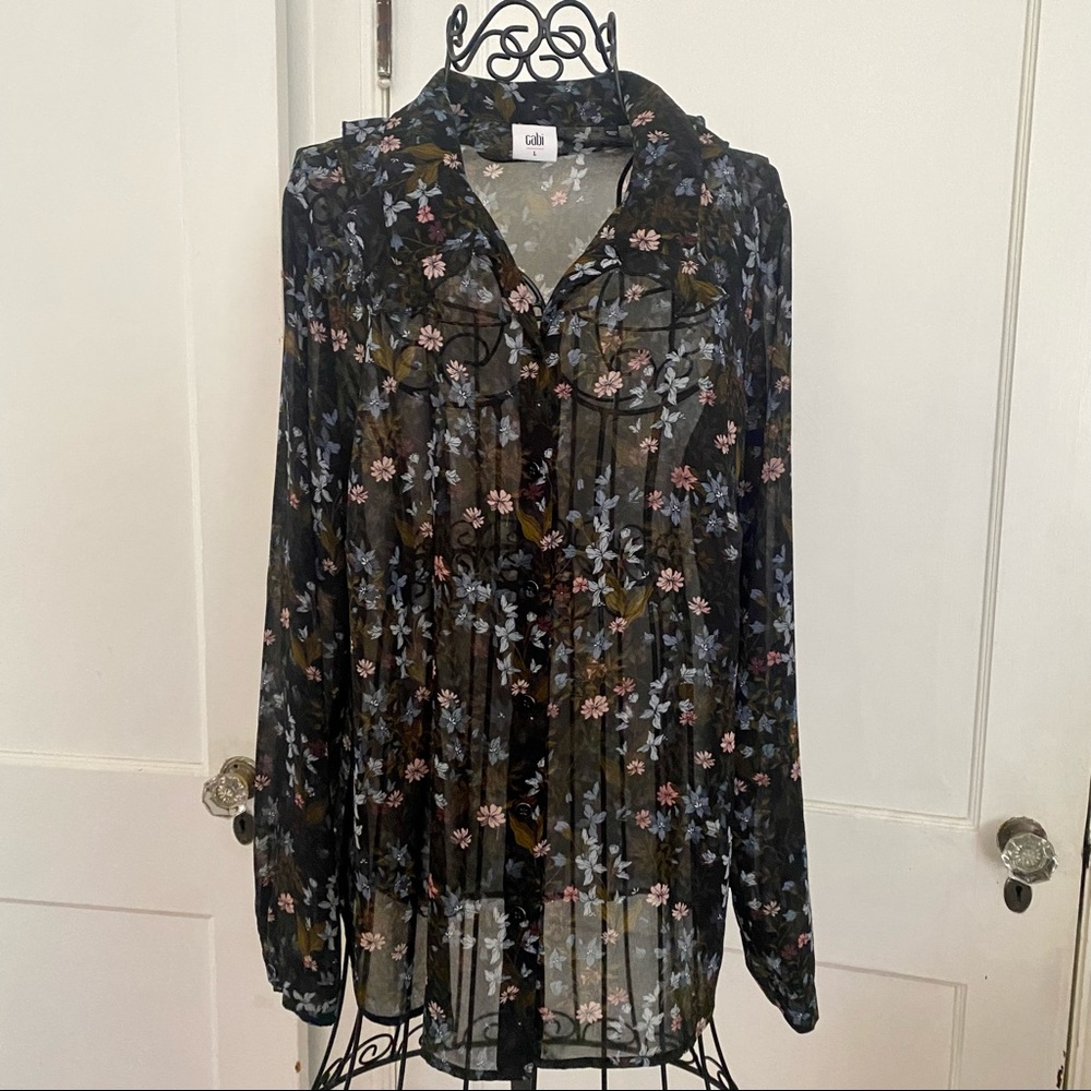 Cabi Floret Black Sheer Hillside Floral Ruffle